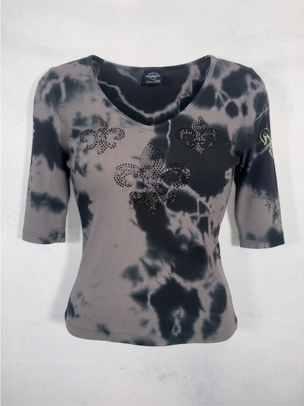 Westbound Gray & Black Tie-Dye V-Neck Top with Stud Detail
